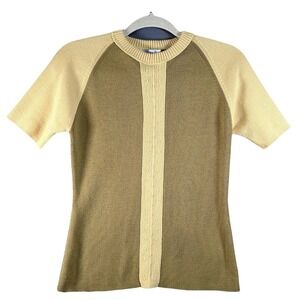 Vintage Women Short Sleeve Knit Sweater Colorblock Wool Blend Tan Olive Green